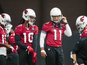 Arizona Cardinals wide receiver DeAndre Hopkins (10) alongside Larry Fitzgerald (11) during training camp at State Farm Stadium.